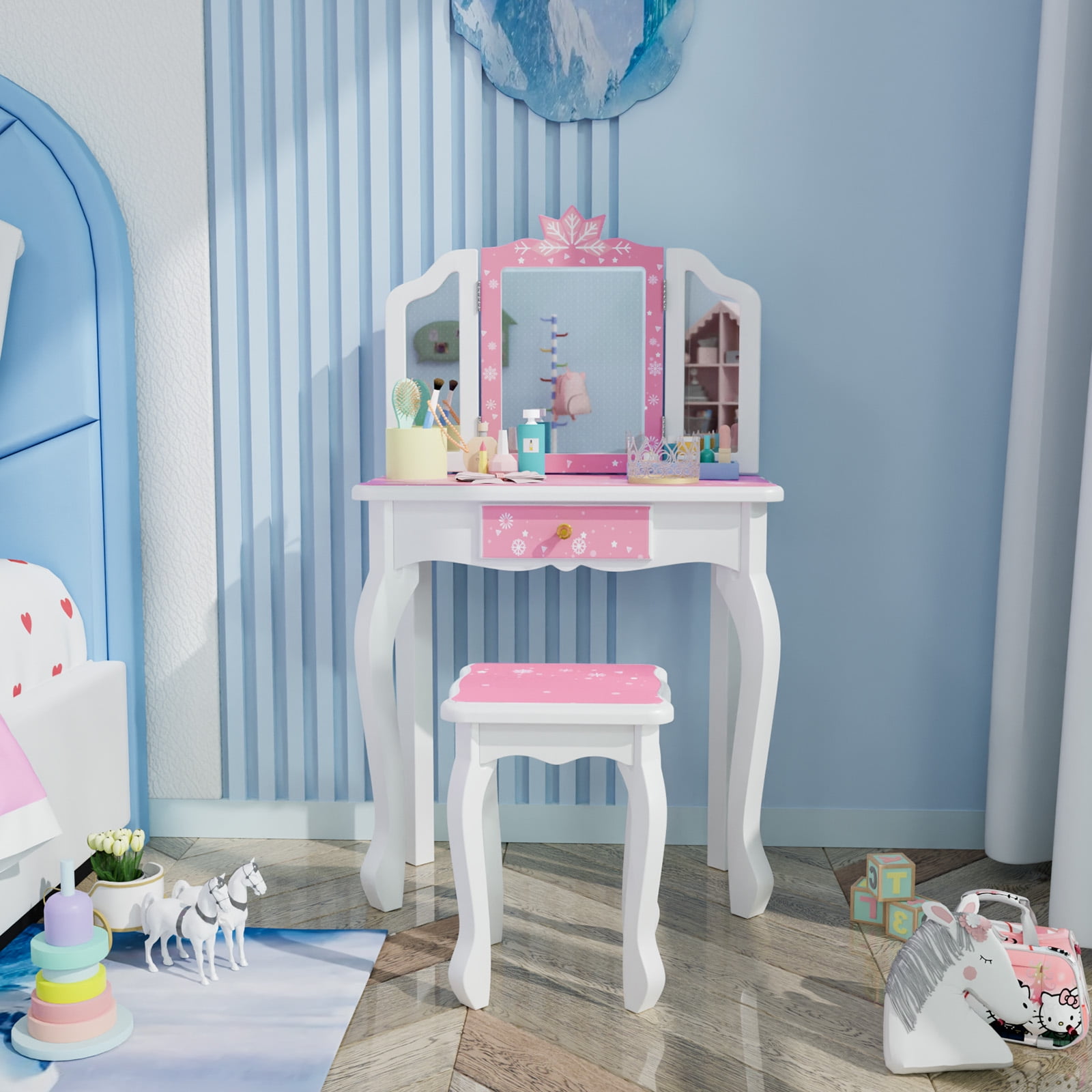 夢展望同型pink×whiteセット JOYMOR Kids Vanity Set: Princess Makeup Table, Chair, Large Drawer