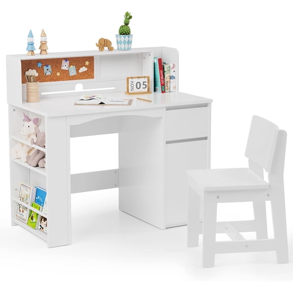 JOYMOR Kids Desk and Chair Sets with Bookshelf, Kids Study Desk with Storage Cabinet, Toddler Table and Chair Set for Study & Cra fts, Student Computer Table for 5-12  Years Old, White