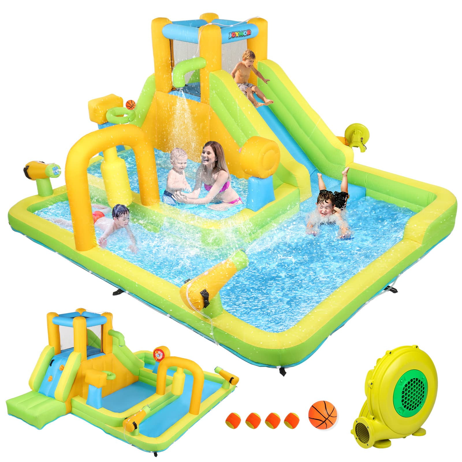 JOYMOR Kids Inflatable Water Slide Park with Shower Spray, Sticky Ball, Climbing Wall,  Air Blower