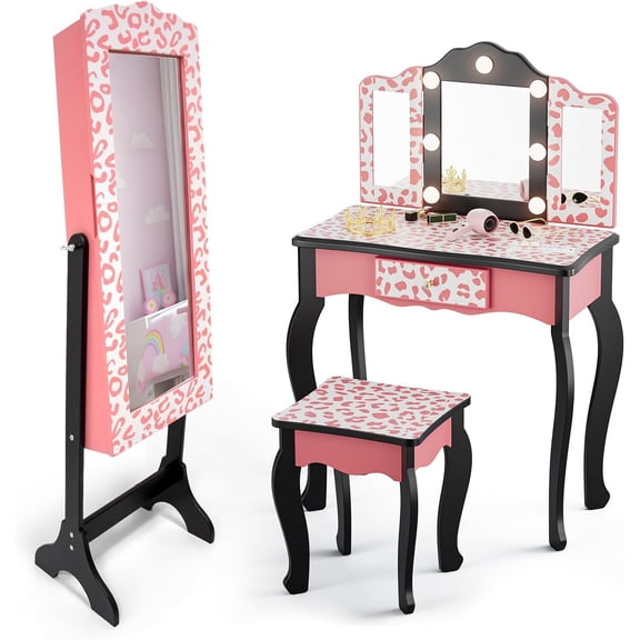 JOYMOR Kids Vanity & Jewelry Armoire Cabinet, Lighted Vanity Set with Stool, Leopard Print Armoire & Storage Drawers, Tri-Fold Mirror for Girls (Pink)