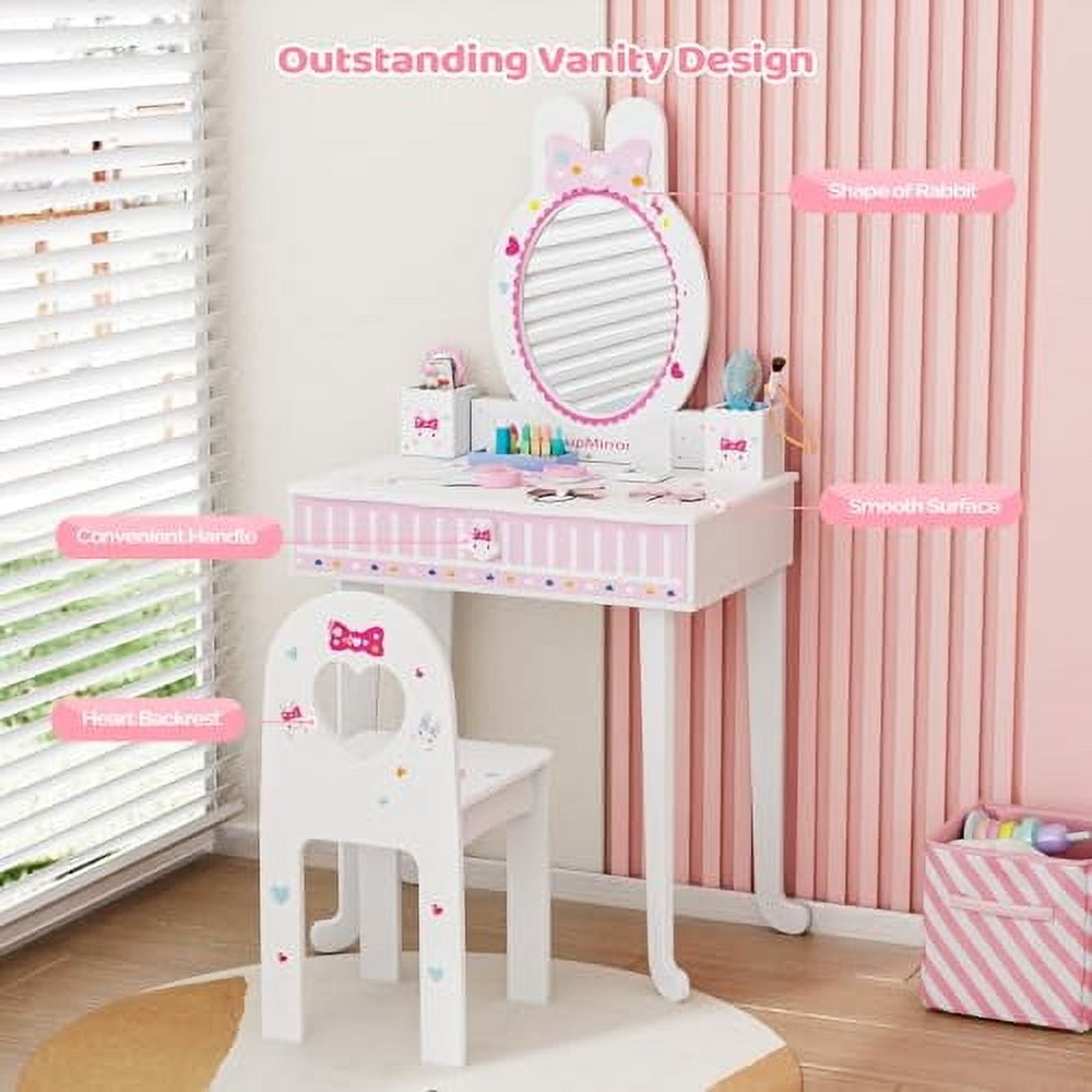 Arlopu Kids Vanity Set With Mirror & Chair - Wooden Pretend Play Makeup Table For Girls With LED Lights, Drawer, Princess Dress-Up Toy For Toddlers 3+