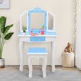 thumbnail image 1 of JOYMOR Kids Vanity Set, Wooden Princess Makeup Table with Stool, Tri-Folding Mirror, Large Drawer, Solid Wooden Legs Pretend Beauty Make Up Dressing Play Set for Girls Best Gift (Blue), 1 of 7