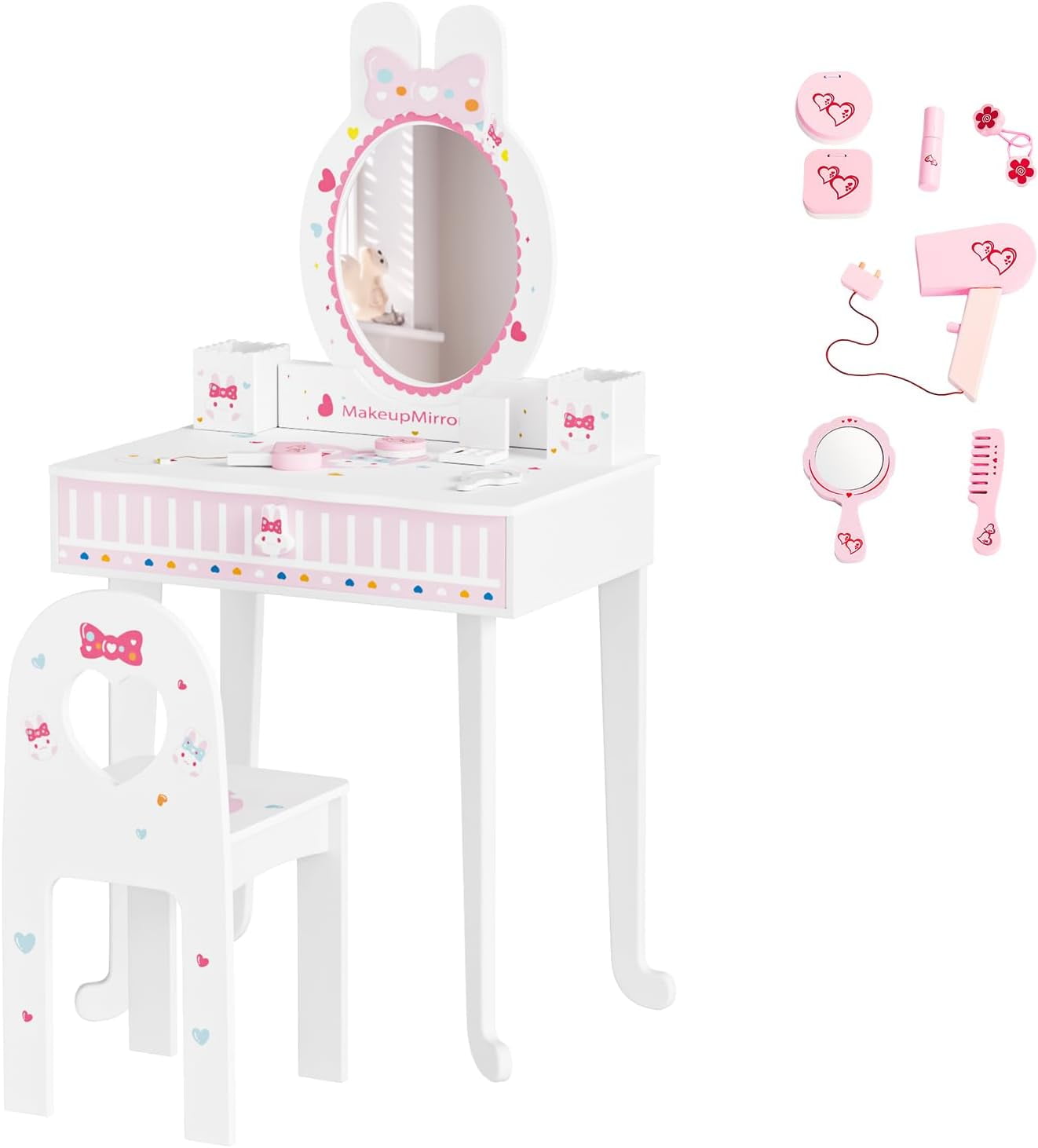 Rabbit Ruller Vanity JOYMOR Kids Vanity Set with Mirror, 7 pcs Make up Accessories, Rabbit ...
