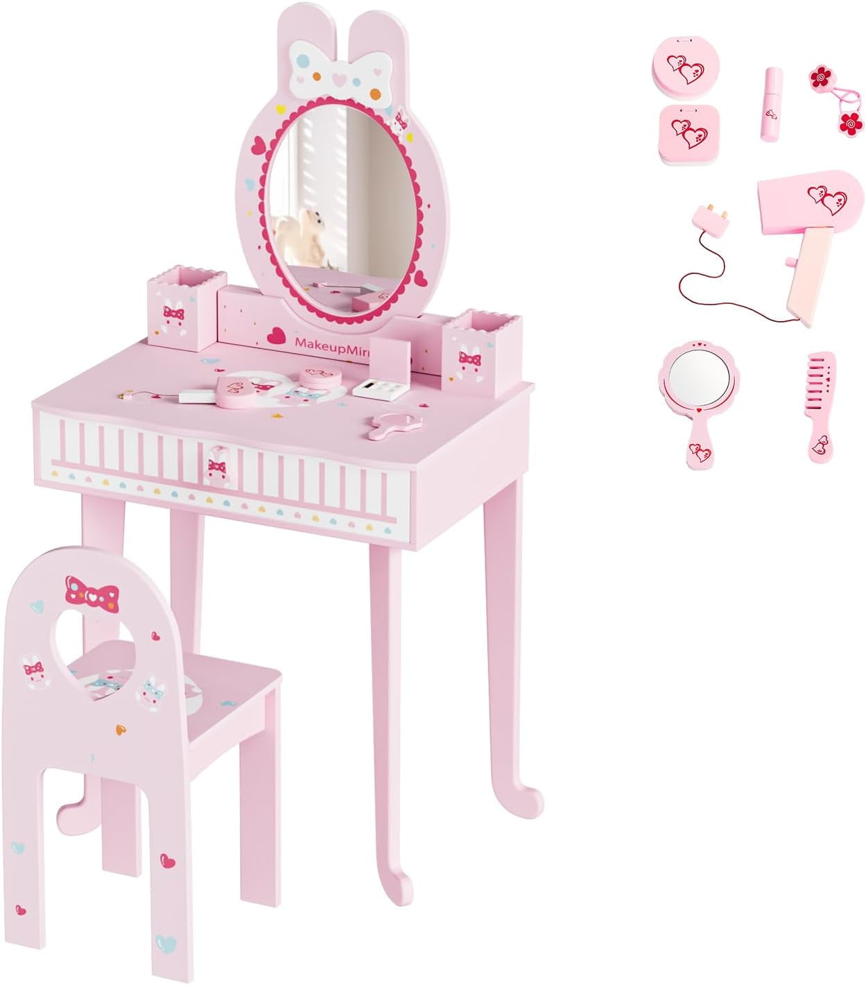 Rabbit Ruller Vanity JOYMOR Kids Vanity Set with Mirror, 7 pcs Make up Accessories, Rabbit ...