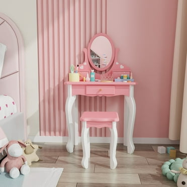 JOYMOR Kids Vanity Table and Chair, Makeup Dressing Set with Round  Mirrors, 3 Drawers, Pink