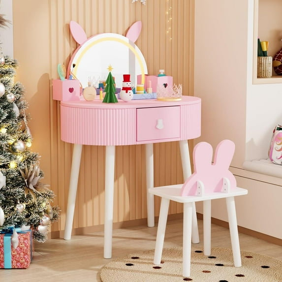 JOYMOR Kids Vanity Table and Chair Set, Rabbit Style, Touch Screen 3-Color LED Lighted Mirror, Suitable for Ages 3+