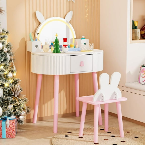 JOYMOR Kids Vanity Table and Chair with Touch Screen 3 Colors LED Lighted Mirror, Rabbit Style