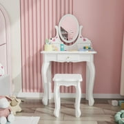 JOYMOR Kids Vanity Table and Stool Makeup Dressing Set w/ Mirrors & 3 Drawers, White