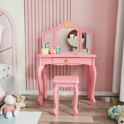 JOYMOR Kids' Vanity Table and Stool Makeup Dressing Set w/ Mirrors & Drawer, Pink