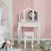 JOYMOR Kids Vanity Table and Stool for Makeup Dressing with Mirrors Drawers, White