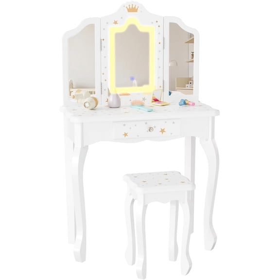 JOYMOR Kids Vanity with LED Touch Screen, Crown Style Girls Vanity Set with Mirror Age 4-9