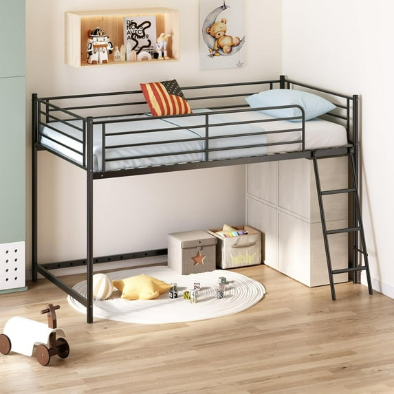 JOYMOR Low Loft Bed with Inclined Ladder, Metal Twin Size Bed Frame with 15” High Guardrail for Boys Girls, Junior, Space Saving, Mattress Not Included (Black)