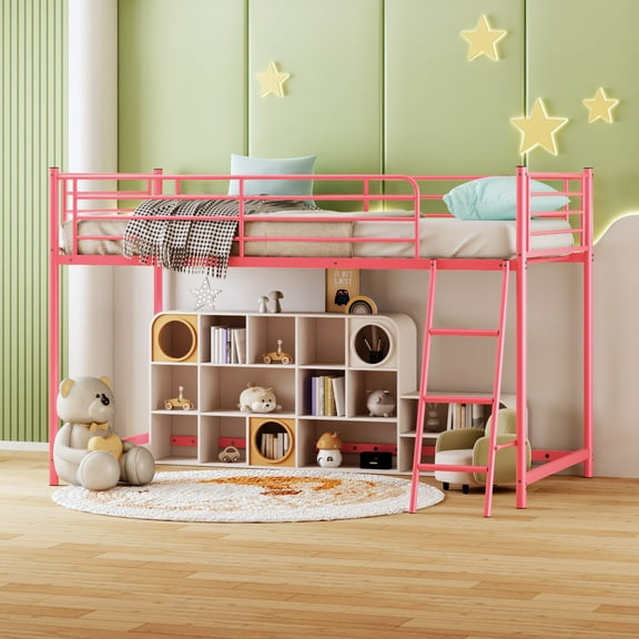 JOYMOR Low Loft Bed with Inclined Ladder, Metal Twin Size Bed Frame with 15” High Guardrail for Boys Girls, Junior, Space Saving, Mattress Not Included (Silver)