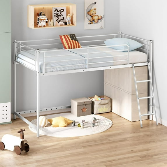 JOYMOR Low Loft Bed with Inclined Ladder, Metal Twin Size Bed Frame with 15” High Guardrail for Boys Girls, Junior, Space Saving, Mattress Not Included (White)