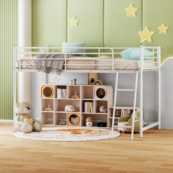 Matladin Low Loft Bed Twin Size, Metal Kids Loft Bed Frame with 15” High Guardrail for Boys Girls, Junior, Space Saving, Mattress Not Included