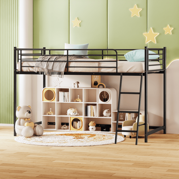 Matladin Low Loft Bed Twin Size, Metal Kids Loft Bed Frame with 15” High Guardrail for Boys Girls, Junior, Space Saving, Mattress Not Included
