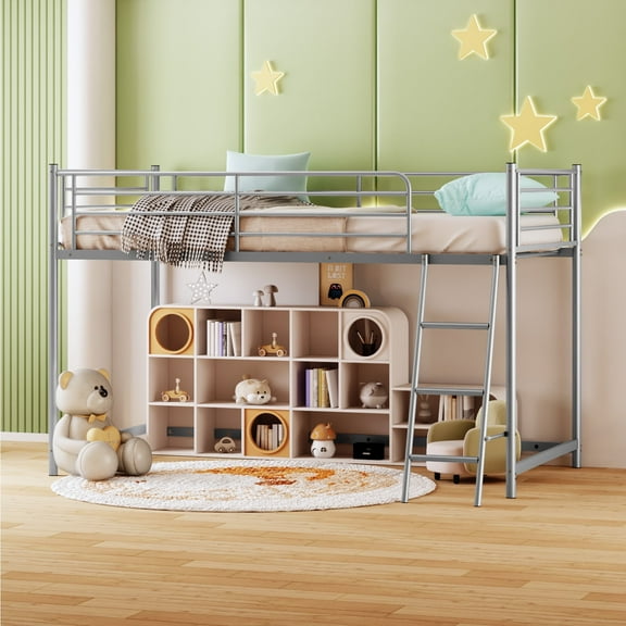 Matladin Low Loft Bed Twin Size, Metal Kids Loft Bed Frame with 15” High Guardrail for Boys Girls, Junior, Space Saving, Mattress Not Included