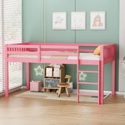 JOYMOR Low Loft Bed Twin Size with Stairs, Pind Wood Loft Bed for Girl, Space-Saving Design, Pink