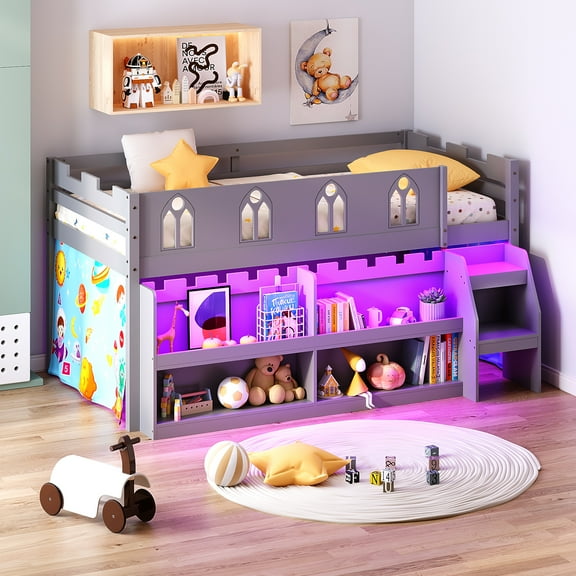 JOYMOR Low Loft Bed with LED Lights, Twin Loft Bed with Storage Bookcase, Wide Stairs, Safety Guardrail and Curtain