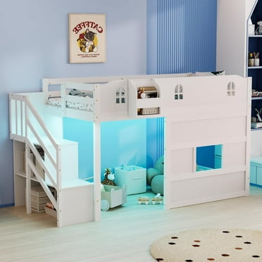 JOYMOR Low Loft Bed with Led Light, Smart APP Control,  Twin Size Bed with Staircase and Book Rack