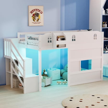 JOYMOR Low Loft Bed with Led Light, Smart APP Control, Twin Size Bed with Staircase and Book Rack