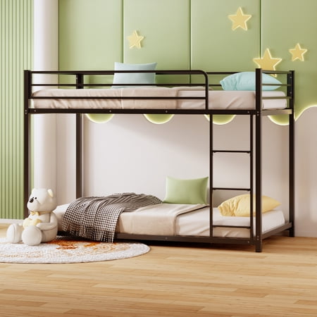 JOYMOR Metal Bunk Bed Twin Over Twin, Twin Size Bed Frame with Safety Guardraild for Kids, Junior, Low Profile Space Saving Design, Mattress Not Included
