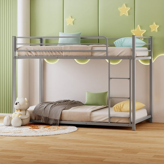 JOYMOR Metal Bunk Bed Twin Over Twin, Twin Size Bed Frame with Safety Guardraild for Kids, Junior, Low Profile Space Saving Design, Mattress Not Included