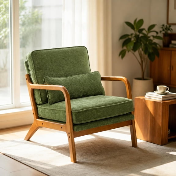 JOYMOR Modern Accent Chair, Cream Chenille Upholstered, Solid Wood Frame with Lumbar Pillow, Lounge Armchair for Living Room, Bedroom