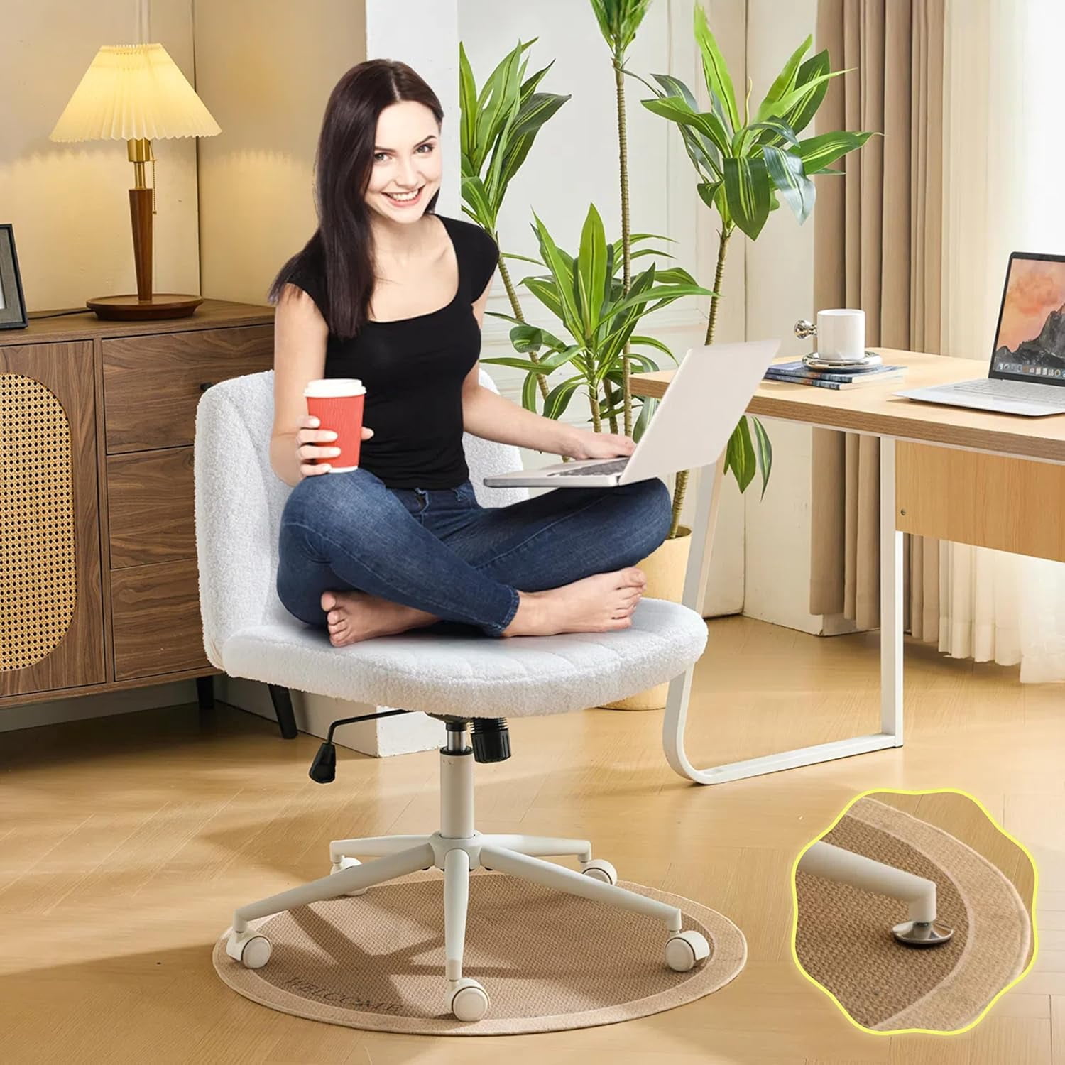 JOYMOR Modern Vanity Chair Dual-Use with/no Wheels, Armless Criss Cross Legged Chair, Swivel Wide Comfy Office Desk Chair, Computer Chair