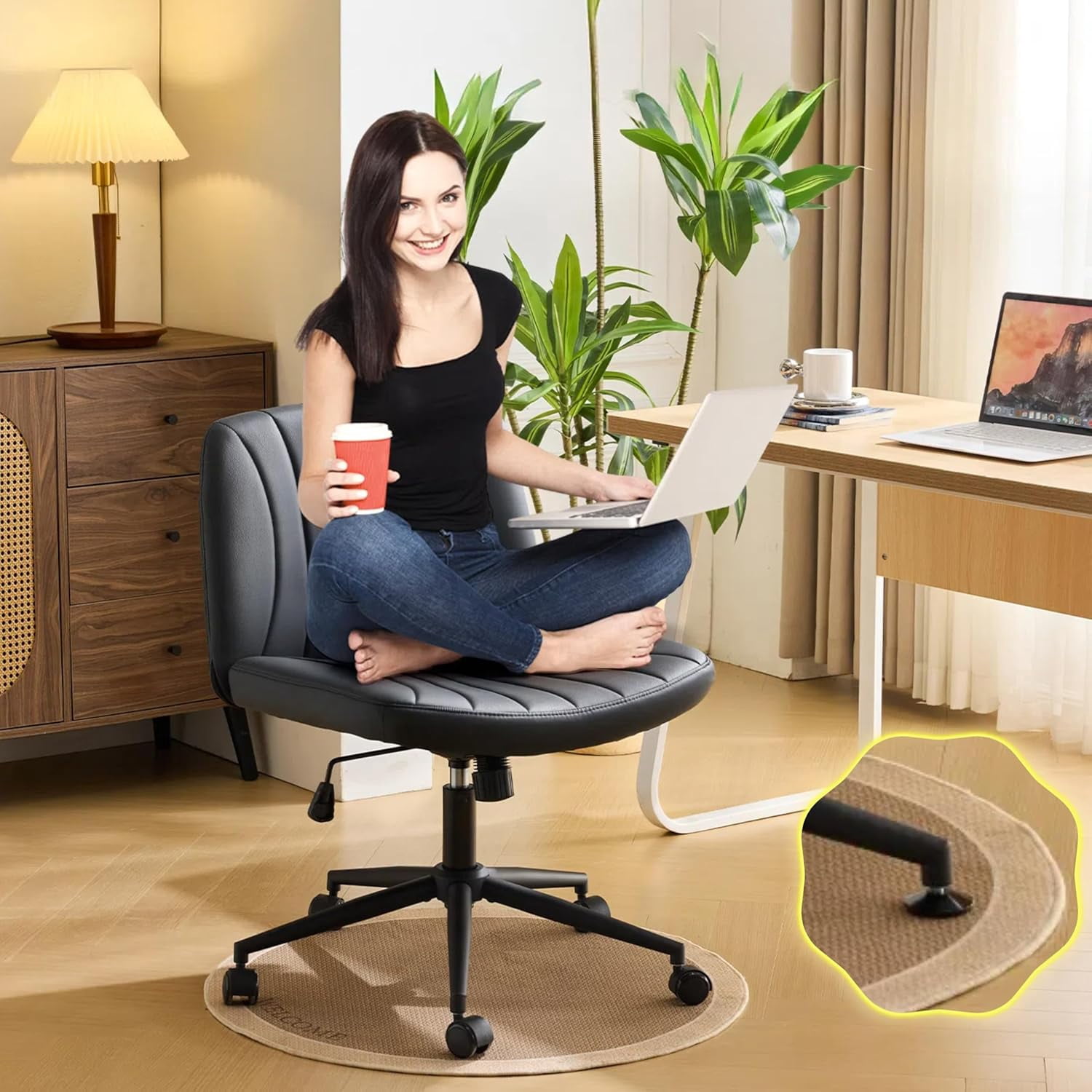 JOYMOR Modern Vanity Chair Dual-Use with/no Wheels, Armless Criss Cross Legged Chair, Swivel Wide Comfy Office Desk Chair, Computer Chair