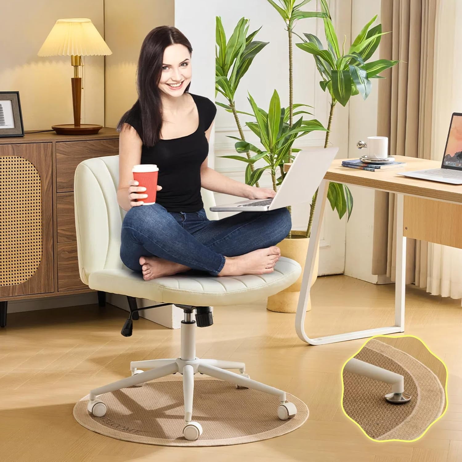 JOYMOR Modern Vanity Chair Dual-Use with/no Wheels, Armless Criss Cross Legged Chair, Swivel Wide Comfy Office Desk Chair, Computer Chair