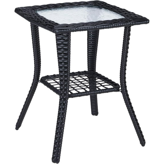 JOYMOR Outdoor Side Table with Storage Wicker, Patio Side Table with Tempered Glass Top End Table for Balcony Porch Deck