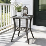 JOYMOR Outdoor Side Table with Storage Wicker, Patio Side Table with Tempered Glass Top End Table for Balcony Porch Deck
