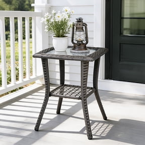 JOYMOR Outdoor Side Table with Storage Wicker, Patio Side Table with Tempered Glass Top End Table for Balcony Porch Deck