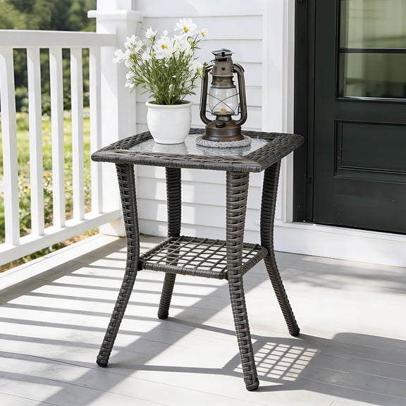 JOYMOR Outdoor Side Table with Storage Wicker, Patio Side Table with Tempered Glass Top End Table for Balcony Porch Deck