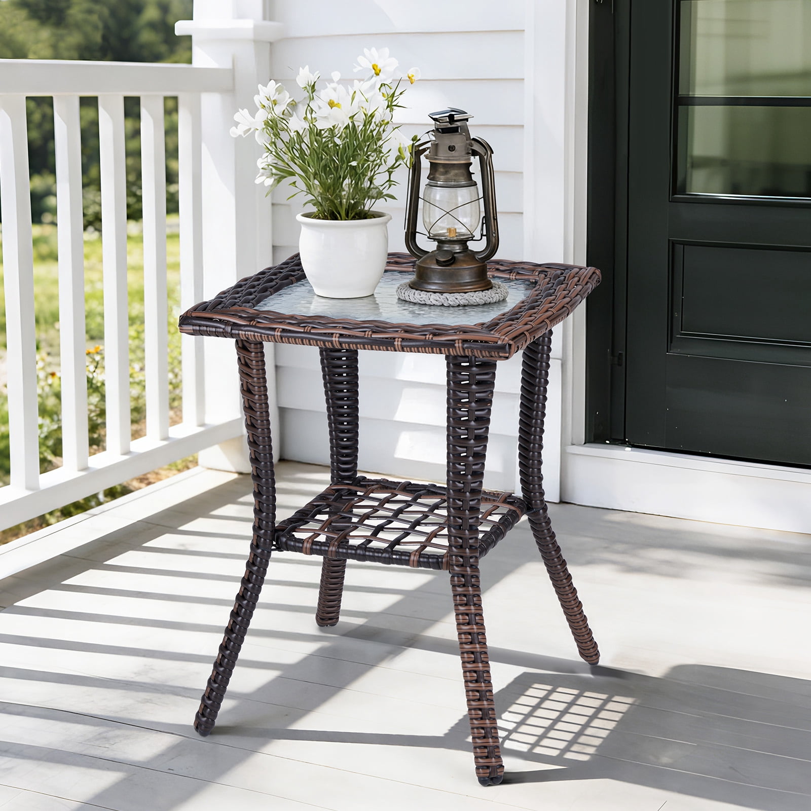 JOYMOR Outdoor Side Table with Storage Wicker, Patio Side Table with Tempered Glass Top End Table for Balcony Porch Deck