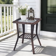JOYMOR Outdoor Side Table with Storage Wicker, Patio Side Table with Tempered Glass Top End Table for Balcony Porch Deck