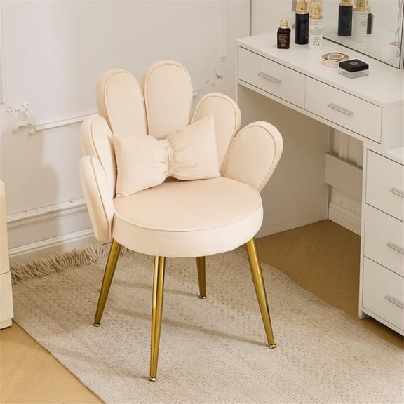 JOYMOR Petal Vanity Chair with Back, Flower Cute Girls Desk Chair with Adustable Gold Legs&Bow Pillow, No Wheels, Velvet