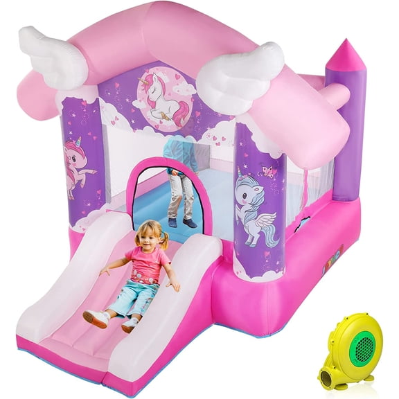 JOYMOR Pink Princess Inflatable Bounce House with Slide Basketball Hoop, Flying Unicorn Theme Bouncy Castle for Girls, Outdoor and Indoor use( Blower Included )