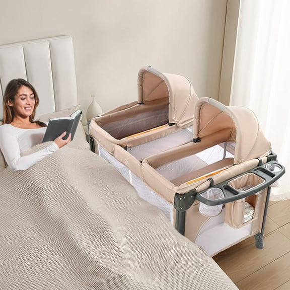 JOYMOR Twin Bassinet for Baby with Storage, Playyard with Two Bassinet,Side Sleeper for Infant