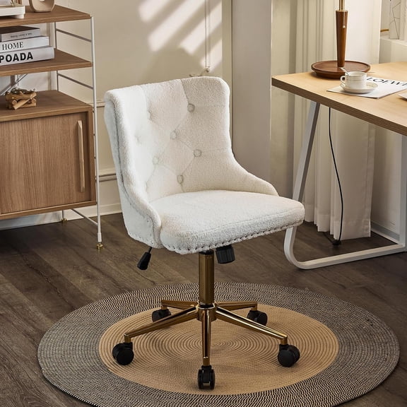 JOYMOR Vanity Makeup Chair with Back, Gold Base Rolling Wheels, Adjustable Upholstered Swivel Nail Chair for Bedroom, Women & Girls