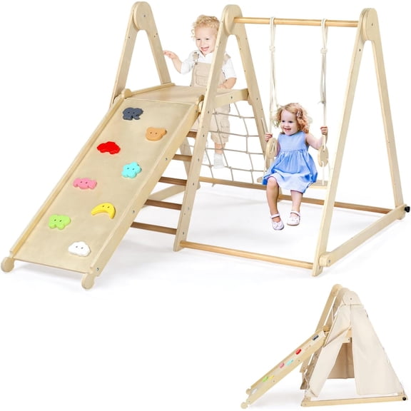 JOYMOR kids Pikler Triangle Climber Arch Rocker with Cushion Sensory Table Set, Climbing Toys ,Basin & Blackboard