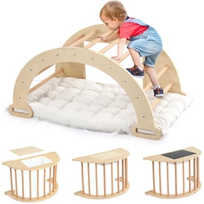 JOYMOR kids Pikler Triangle Climber Arch Rocker with Cushion Sensory Table Set, Climbing Toys ,Basin & Blackboard
