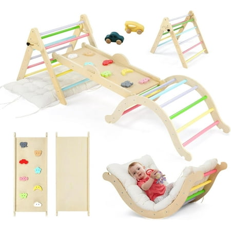 JOYMOR kids Pikler Triangle Climber Arch Rocker with Cushion Sensory Table Set, Climbing Toys ,Basin & Blackboard