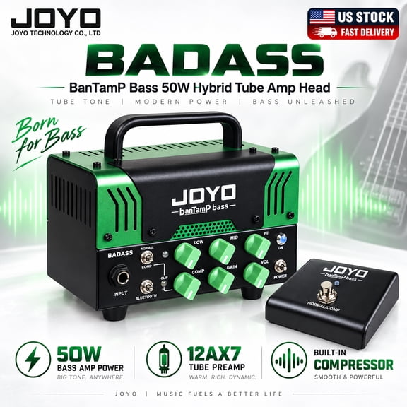 JOYO BADASS 50W Hybrid Tube Bass Amp Head with Built-In Compressor, 3-Band EQ, Bluetooth, Footswitch, FX Loop and Headphone Output