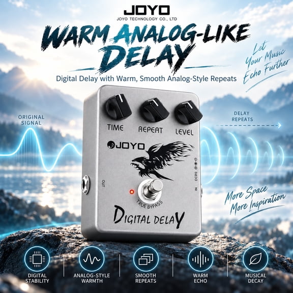 JOYO JF-08 Digital Delay Pedal for Electric Guitar and Bass, 3-Knob Control, Warm Echo, True Bypass