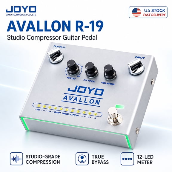 JOYO R-19 AVALLON Analog Compressor Pedal for Electric Guitar & Bass, 12-LED Gain Reduction Meter, True Bypass