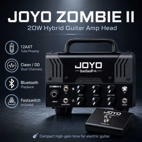 JOYO ZOMBIE II Rugged Metal 20W Hybrid Tube Electric Guitar Mini Amp Head, 2-Channel Clean/OD with Bluetooth, FX Loop & Cab Emulated Headphone Out, Requires External Speaker