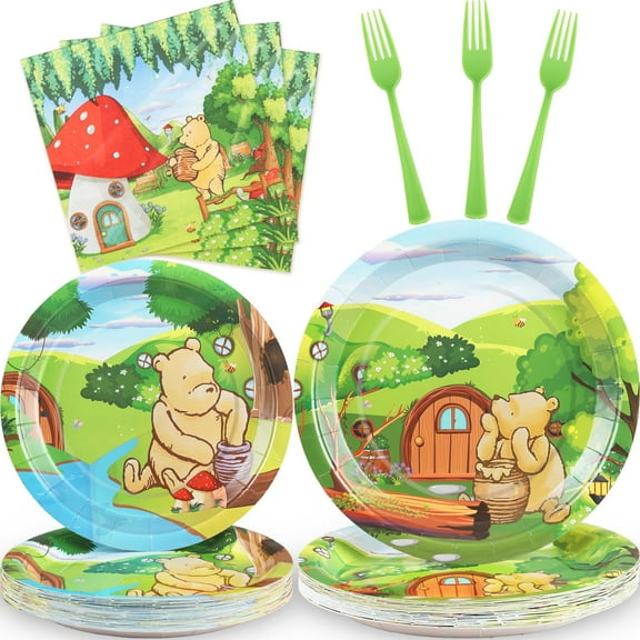JOYOCEAN 96Pcs Winnie Bear Baby Shower AFN1Party Supplies, Vintage Winnie Plates and Napkins Sets, Classic Bear Pooh Party Plates for Boys Newborn Birthday Decoration, Serves 24 Guests