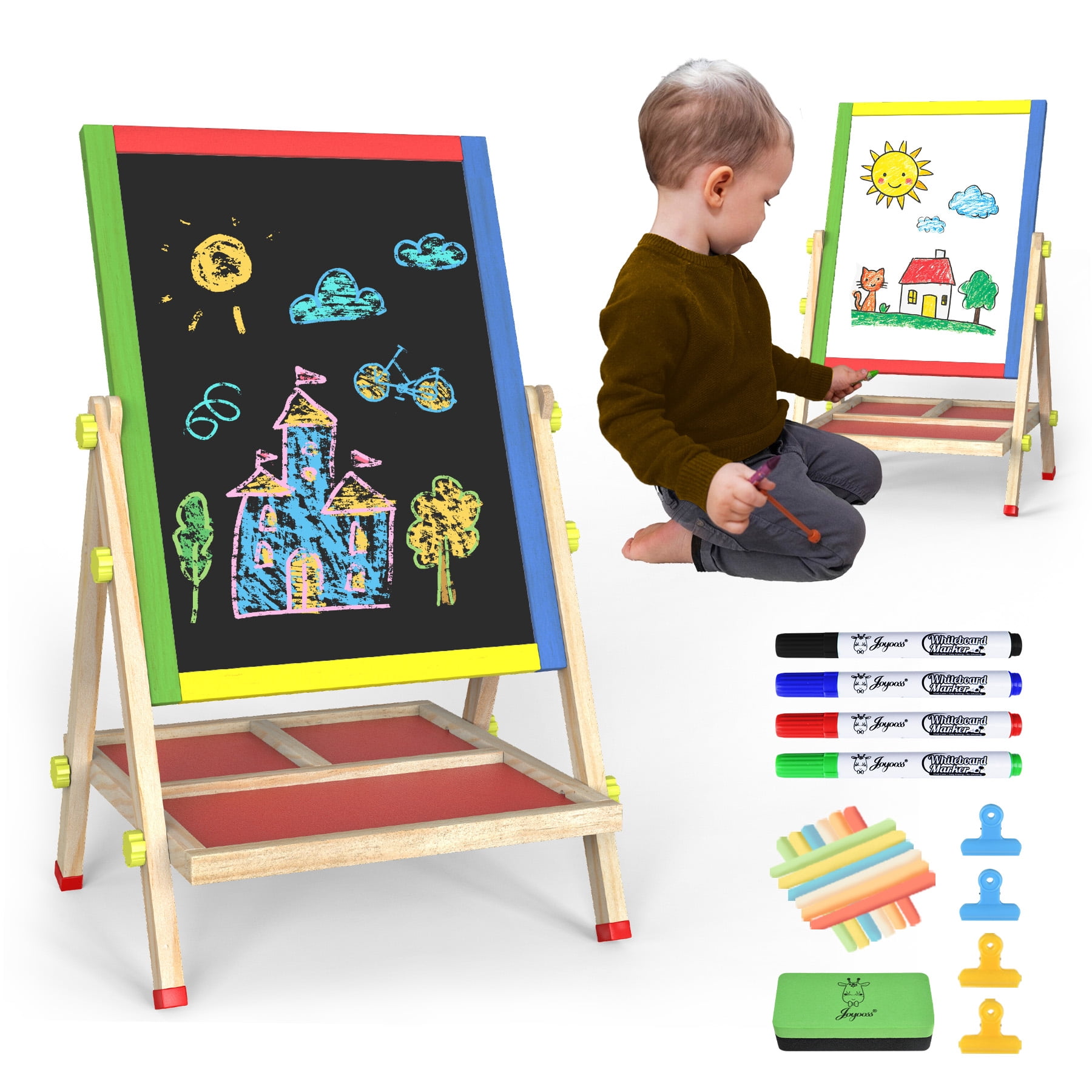 JOYOOSS 3-in-1 Kids Easel with Chalkboard & Whiteboard, Wooden Toddler Art Easel for Ages 4-12, Adjustable Magnetic Drawing Board with Markers & Eraser 105-Natural